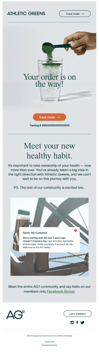 Athletic Greens Post-Purchase Email example