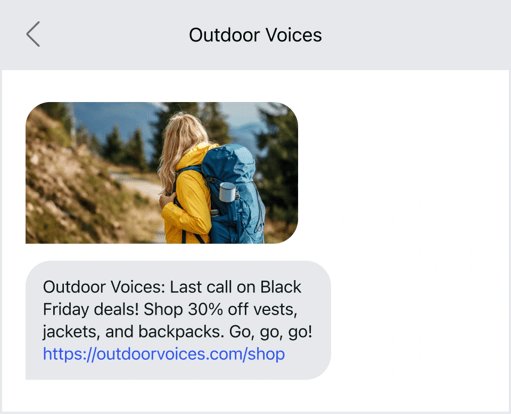 Black Friday SMS Campaign example Outdoor Voices