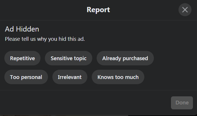 Image showing options when users click 'hide ad' on Facebook for Facebook ad frequency.
