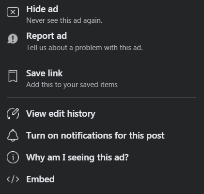 Options when users get when they want to report or hide an ad for Facebook ad frequency