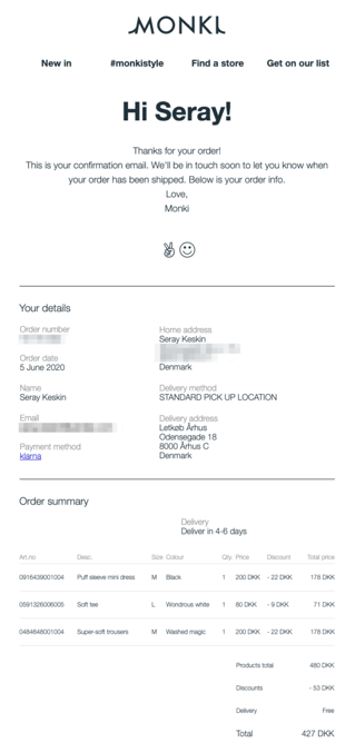 Monki Order confirmation email example