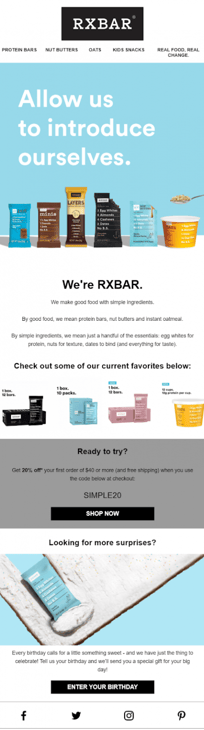 RXBAR welcome email
