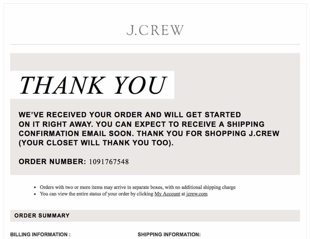Thank you Order Confirmation Email